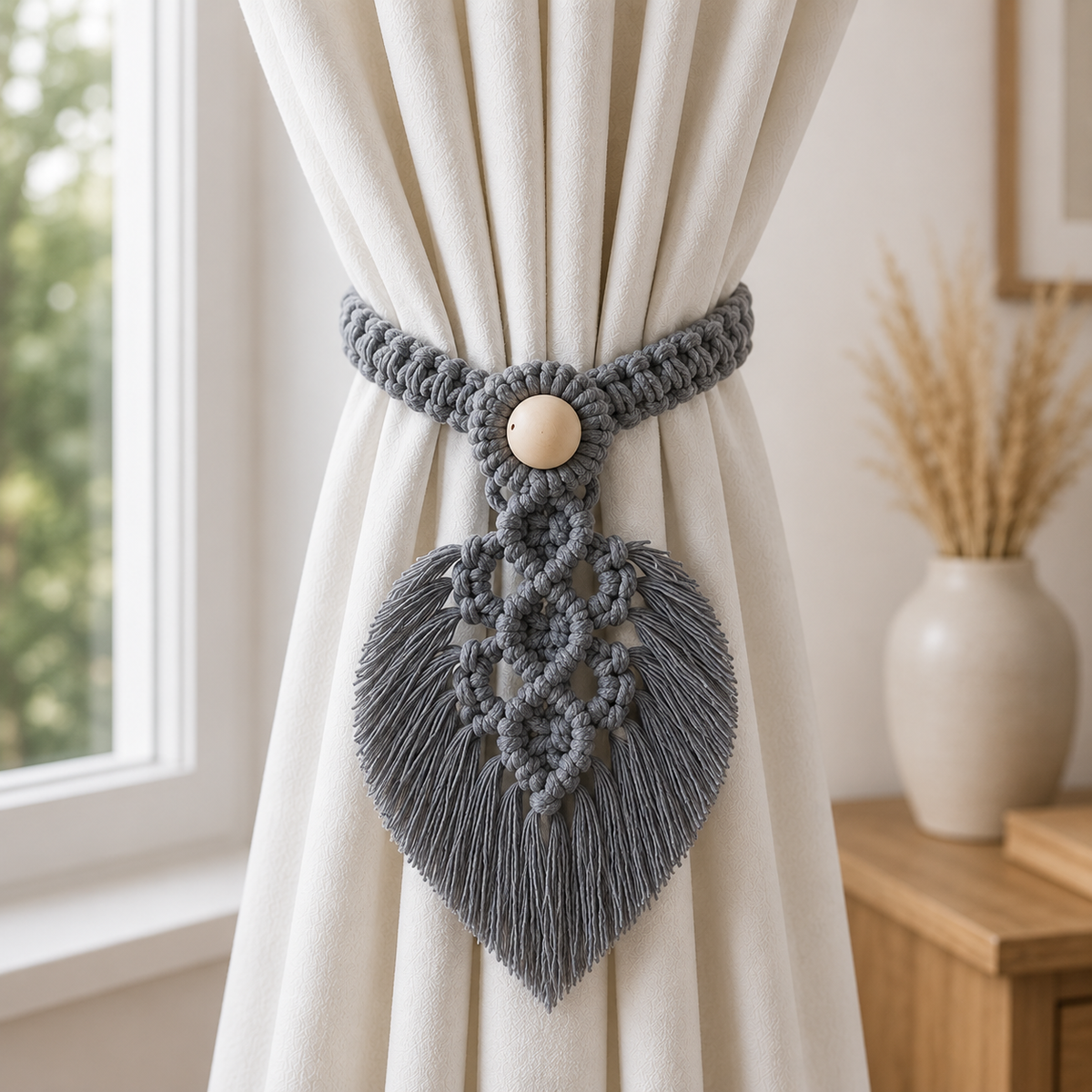 Handmade Macrame Curtain Tiebacks – Set of 2 | Cotton Boho Curtain Holders with Wooden Beads & Leaf Tassels