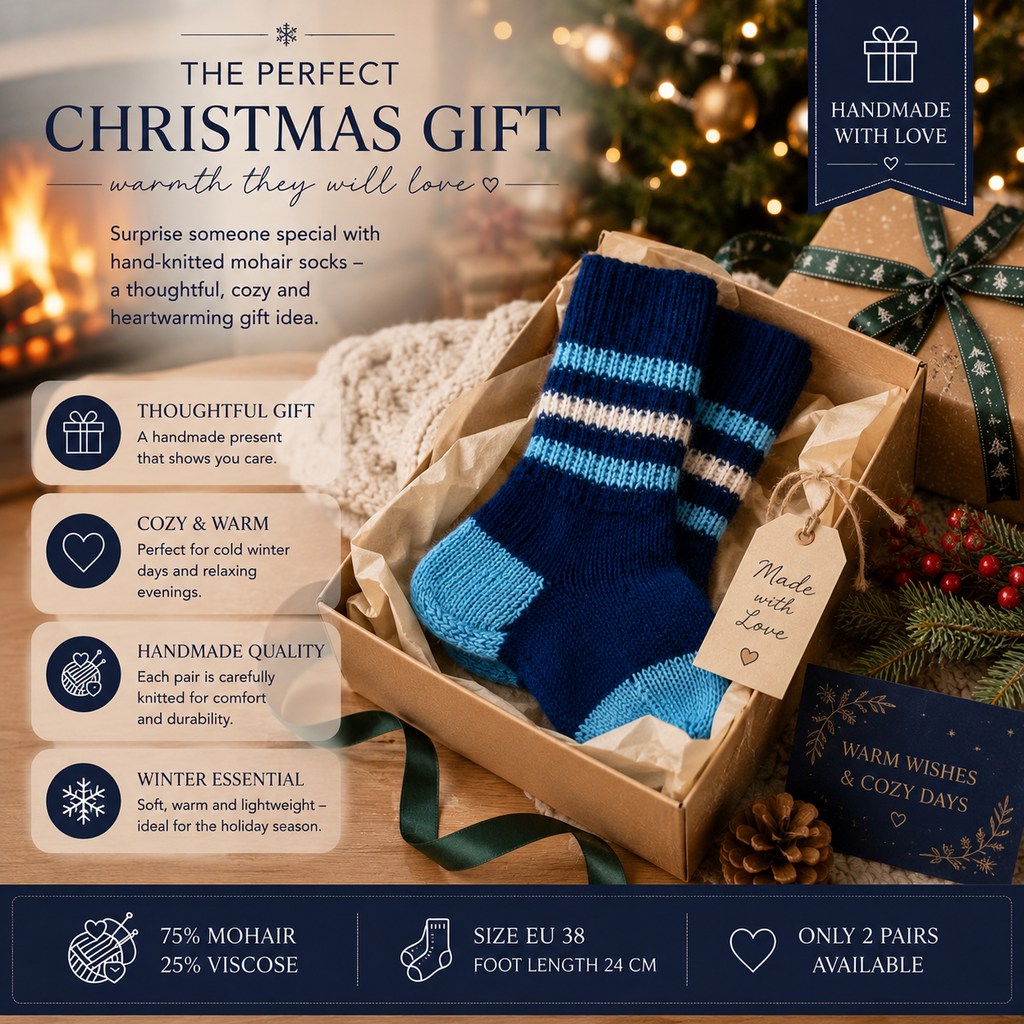 Hand-Knitted Mohair Socks – Warm Blue Handmade Socks, Size EU 38