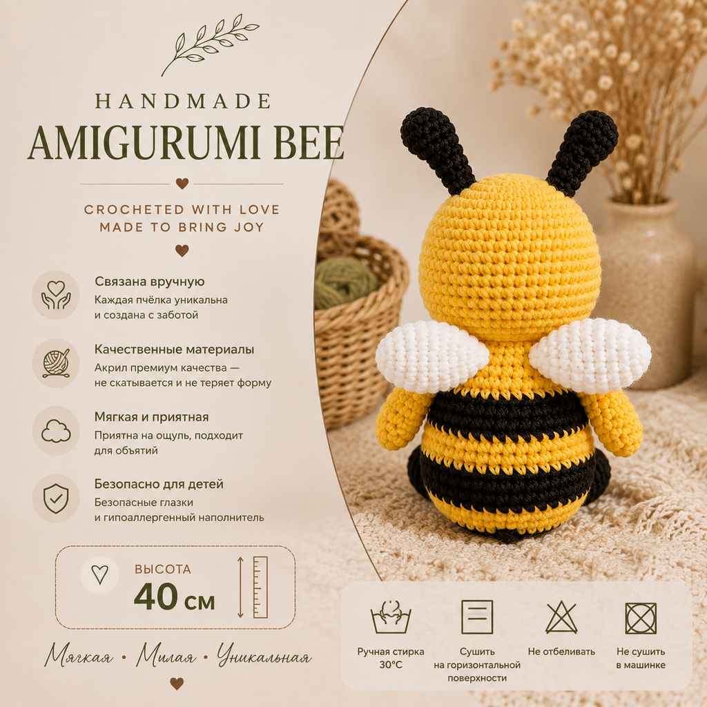 Handmade Crochet Bee Amigurumi – 40 cm Large Plush Bee Toy