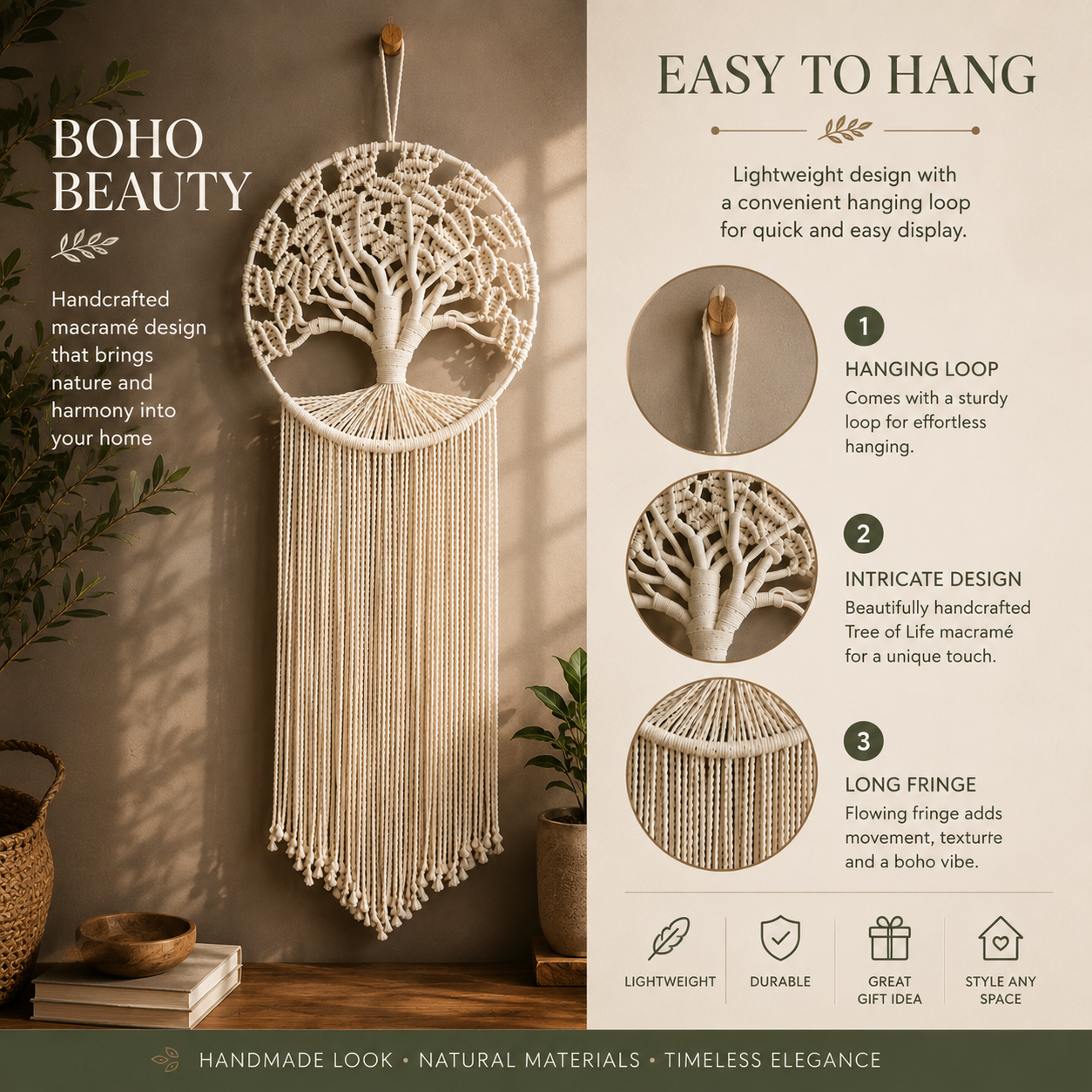 Tree of Life Macrame Wall Hanging – Handmade Boho Woven Wall Decor, Bedroom & Living Room Tapestry
