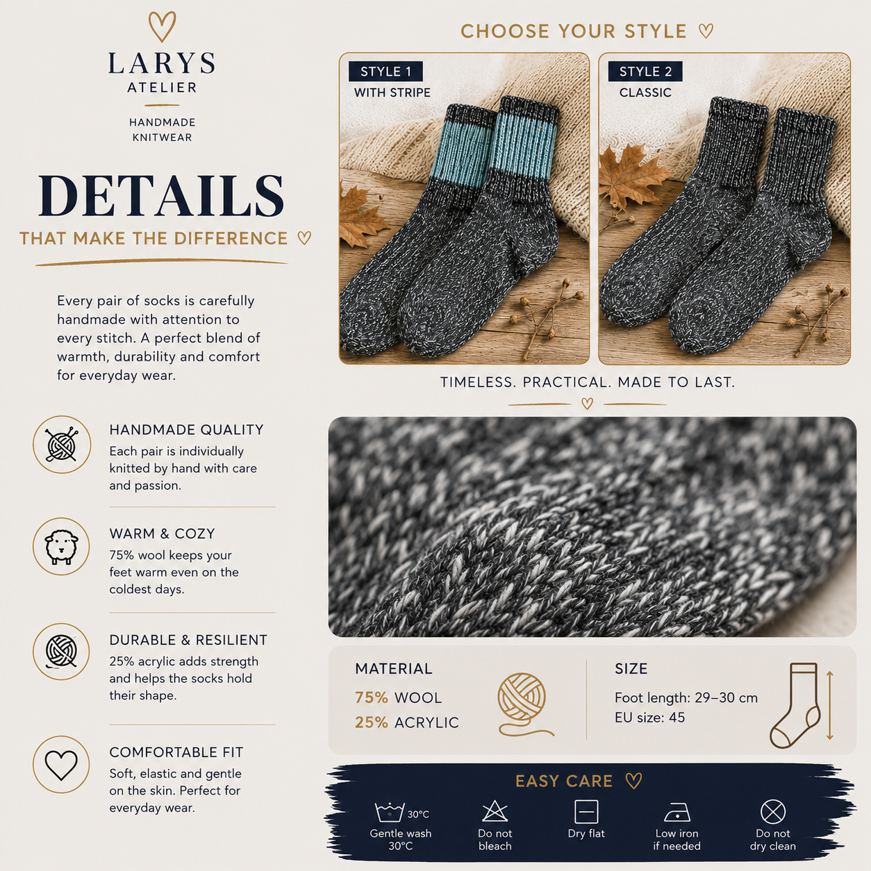 Handmade Men’s Wool Socks – Warm Hand Knitted Socks, EU Size 45