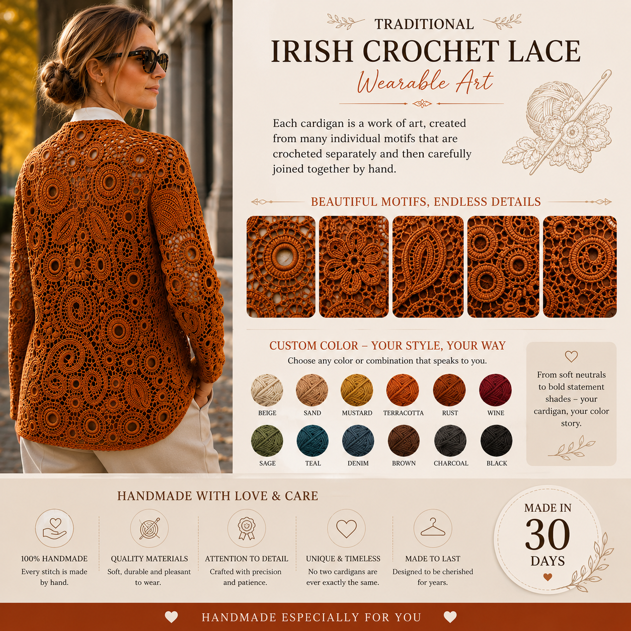 Handmade Irish Lace Crochet Cardigan – Custom Size & Color, Made to Order Women’s Lace Jacket