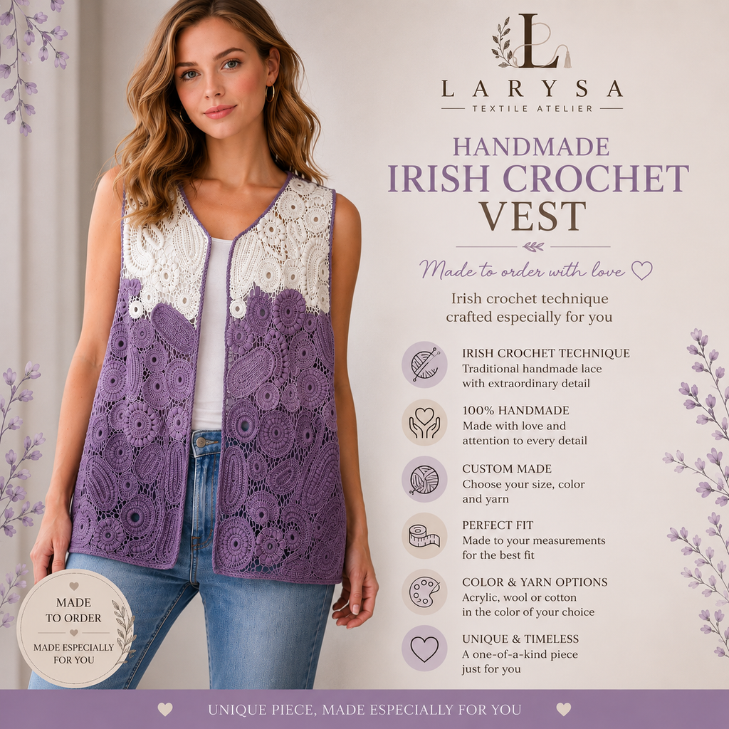 Handmade Irish Crochet Vest – Custom Color & Size