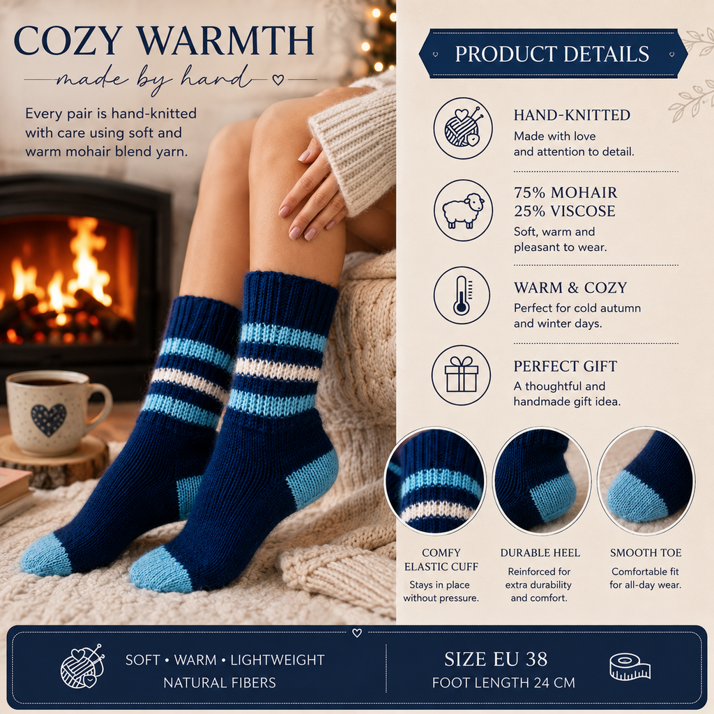 Hand-Knitted Mohair Socks – Warm Blue Handmade Socks, Size EU 38
