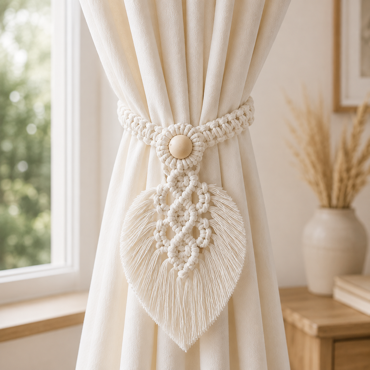 Handmade Macrame Curtain Tiebacks – Set of 2 | Cotton Boho Curtain Holders with Wooden Beads & Leaf Tassels