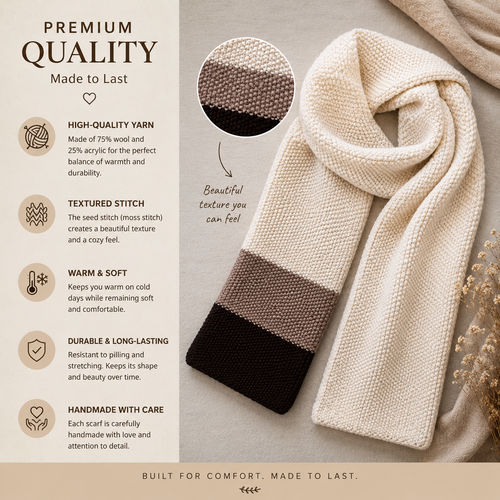 Hand-Knitted Wool Blend Scarf – Warm Neutral Colorblock Scarf