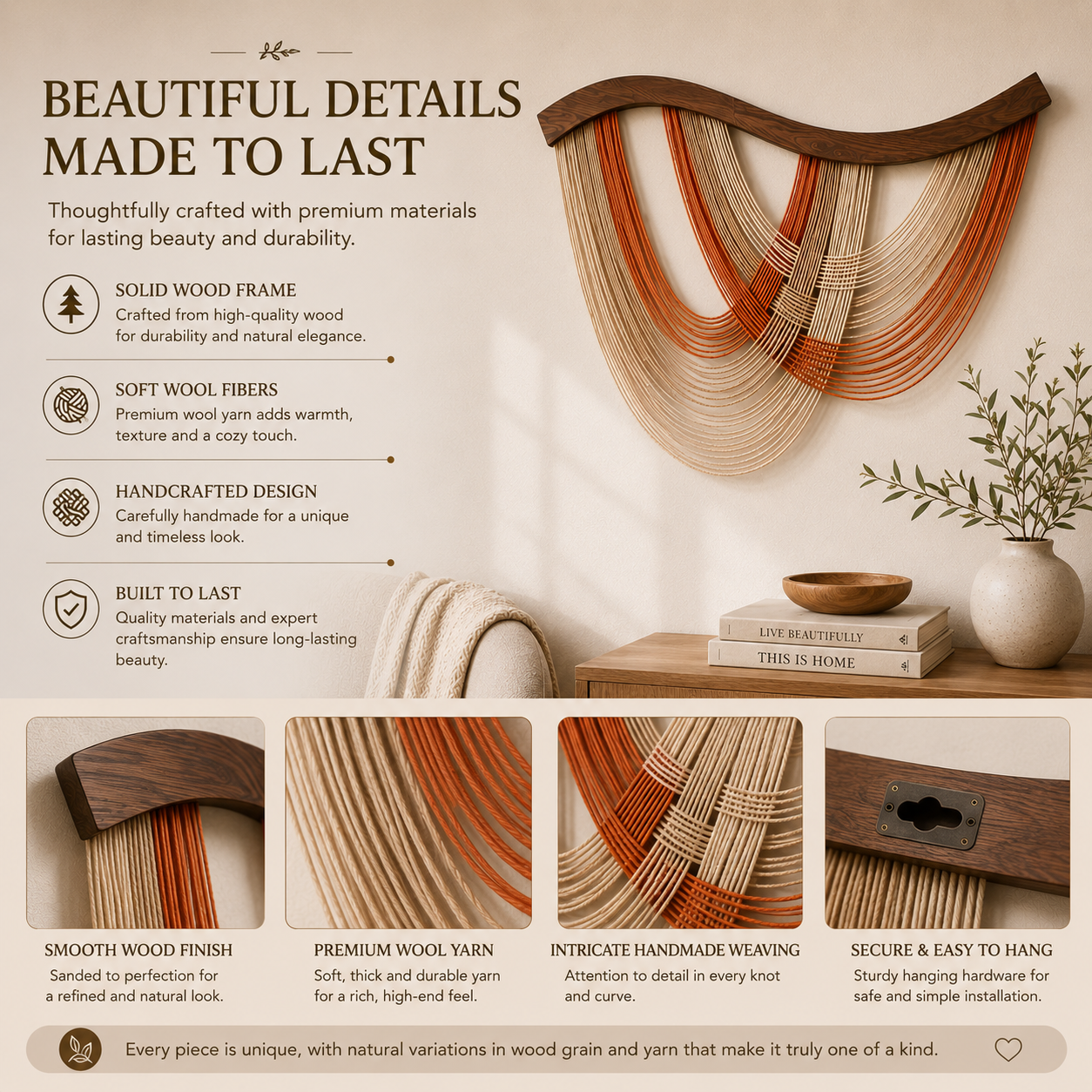 Handmade Nordic Fiber Wall Art – Wood & Wool Woven Wall Hanging