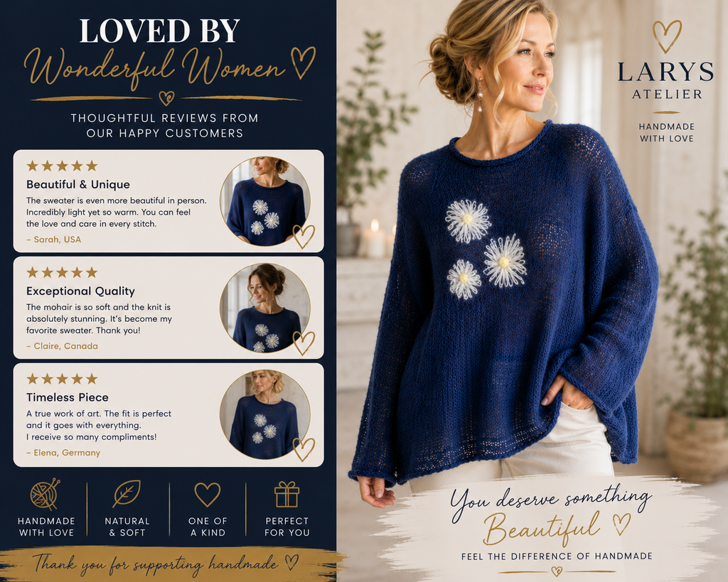 Handmade Mohair Sweater with Flowers – Lightweight Spiderweb Knit Tunic