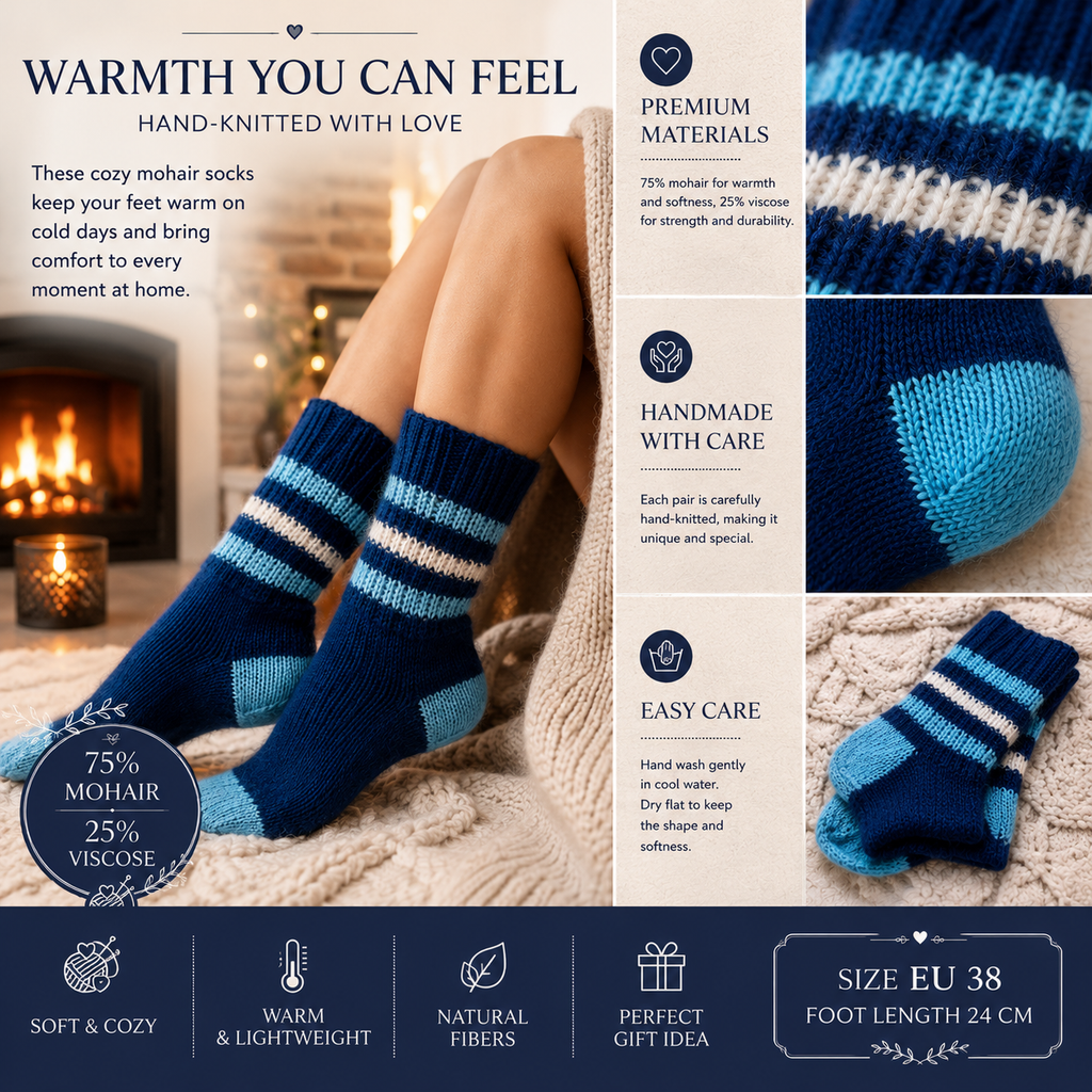 Hand-Knitted Mohair Socks – Warm Blue Handmade Socks, Size EU 38