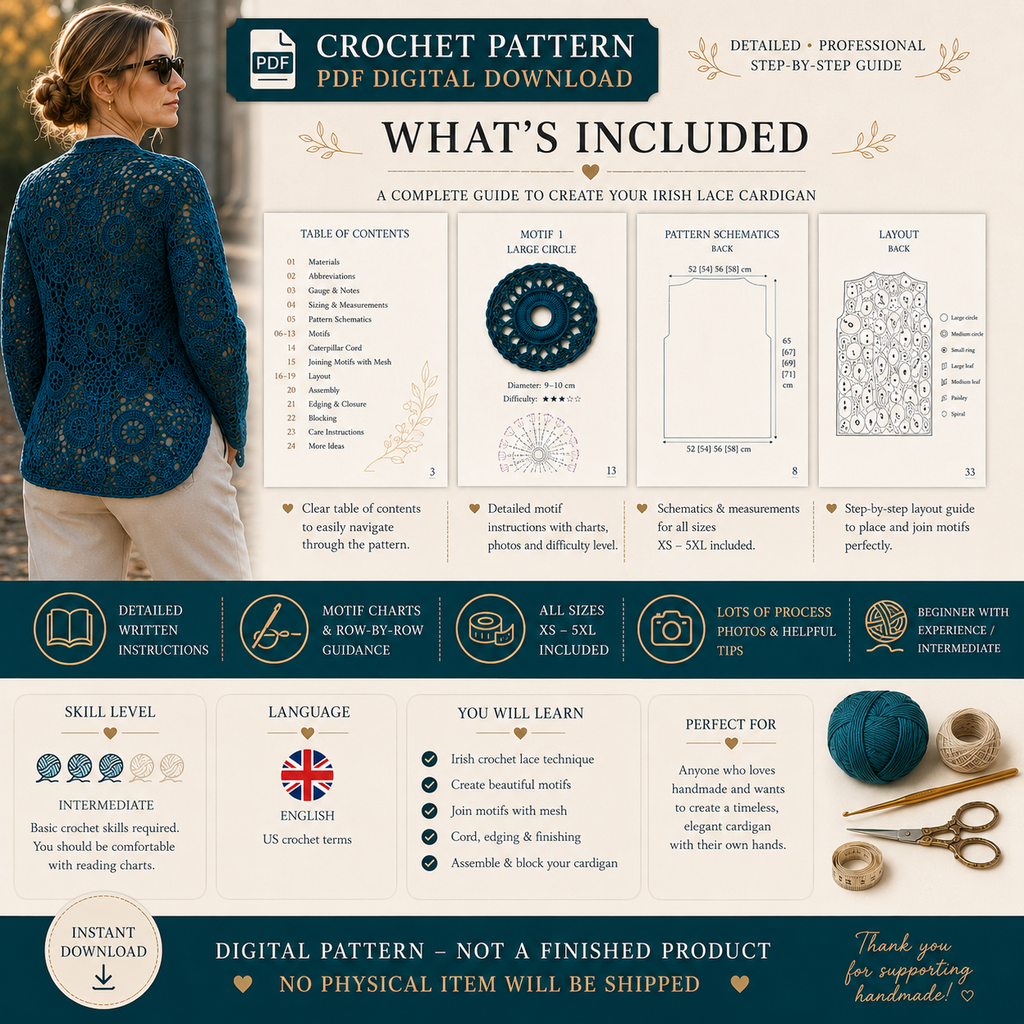 Irish Lace Cardigan Crochet Pattern PDF – Digital Download with Charts & Instructions