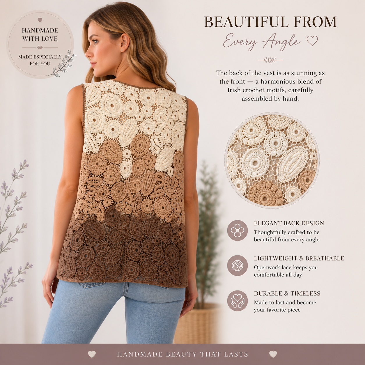 Handmade Irish Crochet Vest – Custom Color & Size