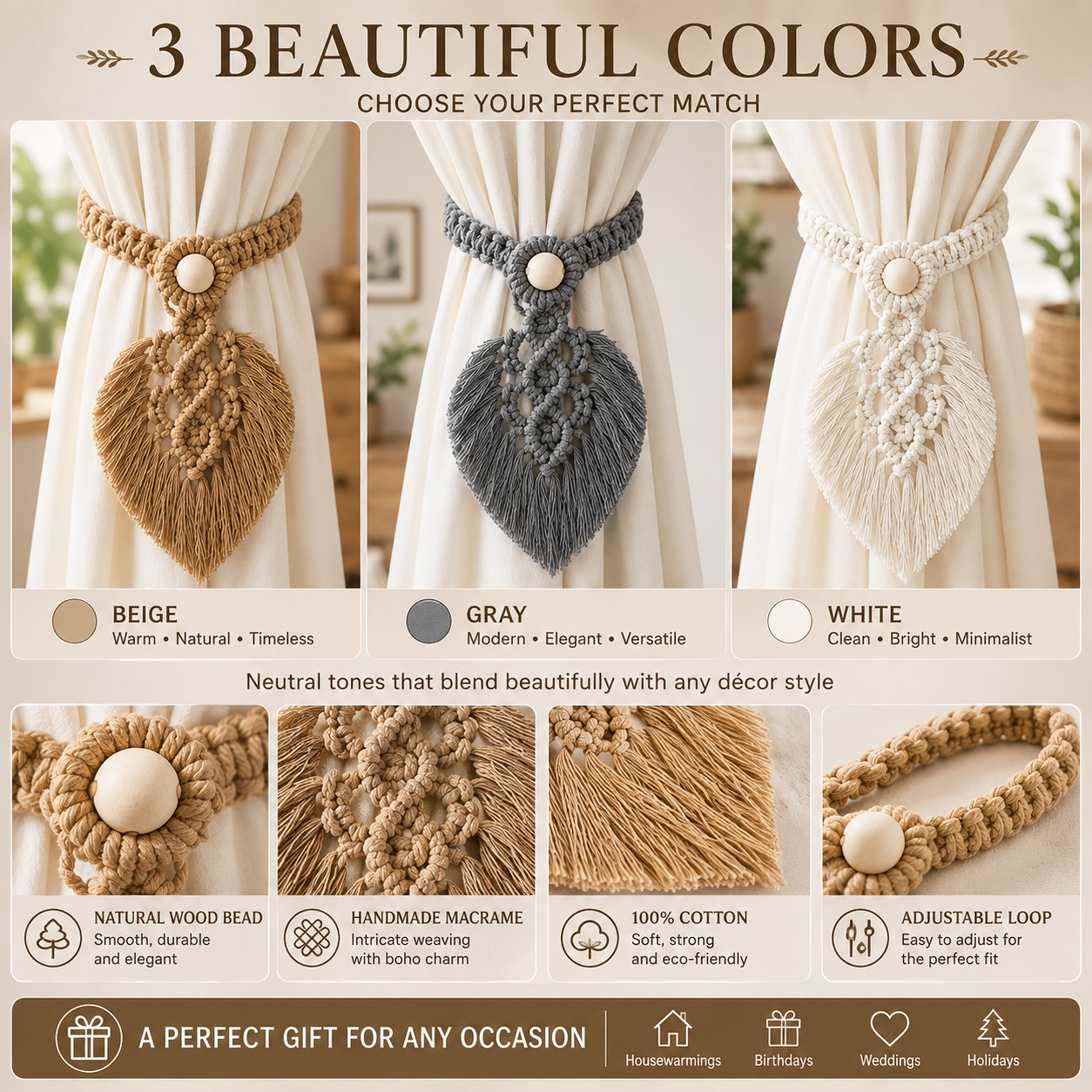 Handmade Macrame Curtain Tiebacks – Set of 2 | Cotton Boho Curtain Holders with Wooden Beads & Leaf Tassels