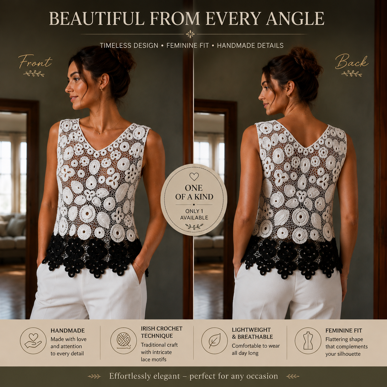 One of a Kind Irish Lace Crochet Top – Handmade Black & White Lace Blouse