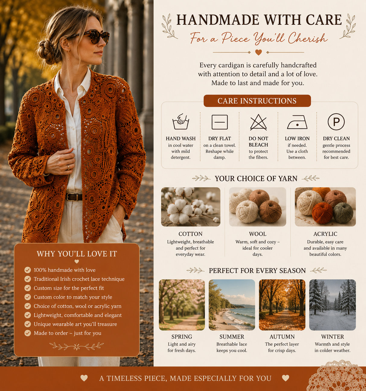 Handmade Irish Lace Crochet Cardigan – Custom Size & Color, Made to Order Women’s Lace Jacket