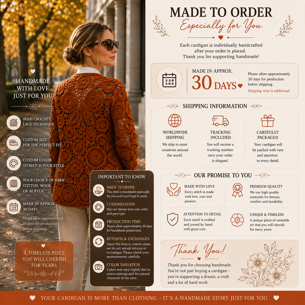 Handmade Irish Lace Crochet Cardigan – Custom Size & Color, Made to Order Women’s Lace Jacket