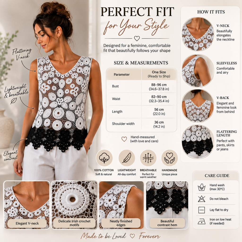One of a Kind Irish Lace Crochet Top – Handmade Black & White Lace Blouse