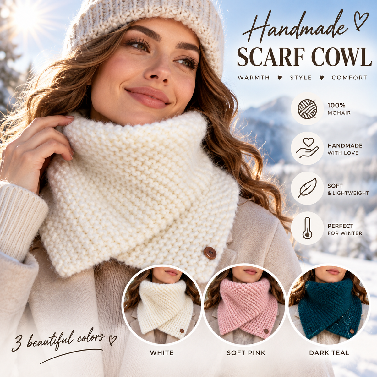Handmade Mohair Neck Warmer for Women – Soft Knitted Cowl Scarf, Cozy Winter Scarf, Christmas Gift for Her