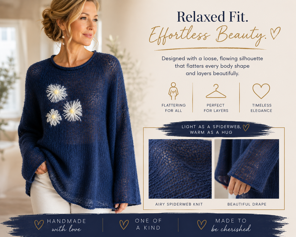 Handmade Mohair Sweater with Flowers – Lightweight Spiderweb Knit Tunic