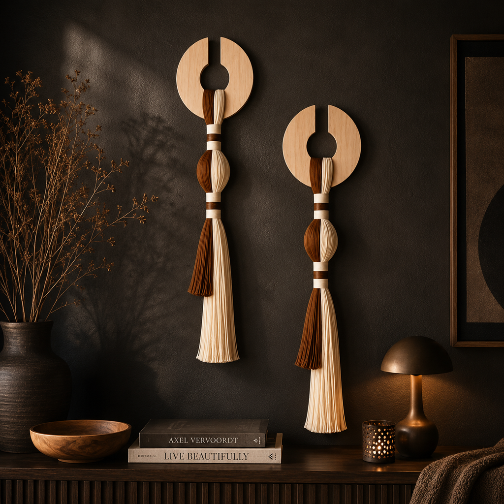 Handmade Wood & Cotton Wall Hanging – Boho Japandi Tassel Wall Decor