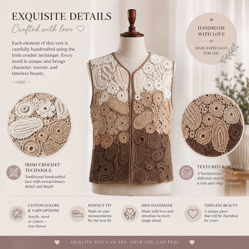 Handmade Irish Crochet Vest – Custom Color & Size
