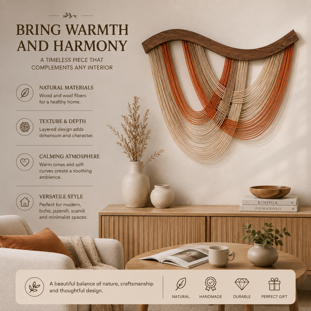 Handmade Nordic Fiber Wall Art – Wood & Wool Woven Wall Hanging