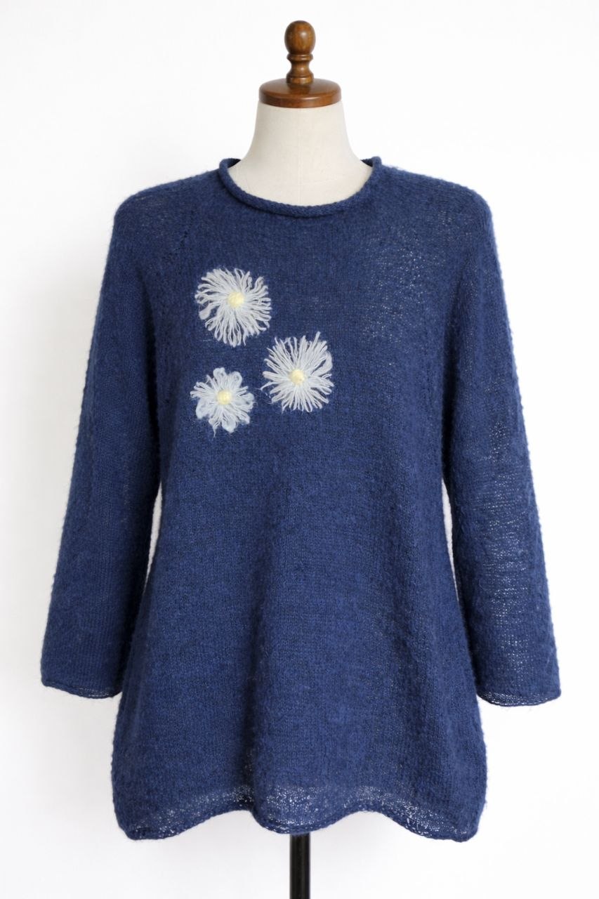 Handmade Mohair Sweater with Flowers – Lightweight Spiderweb Knit Tunic