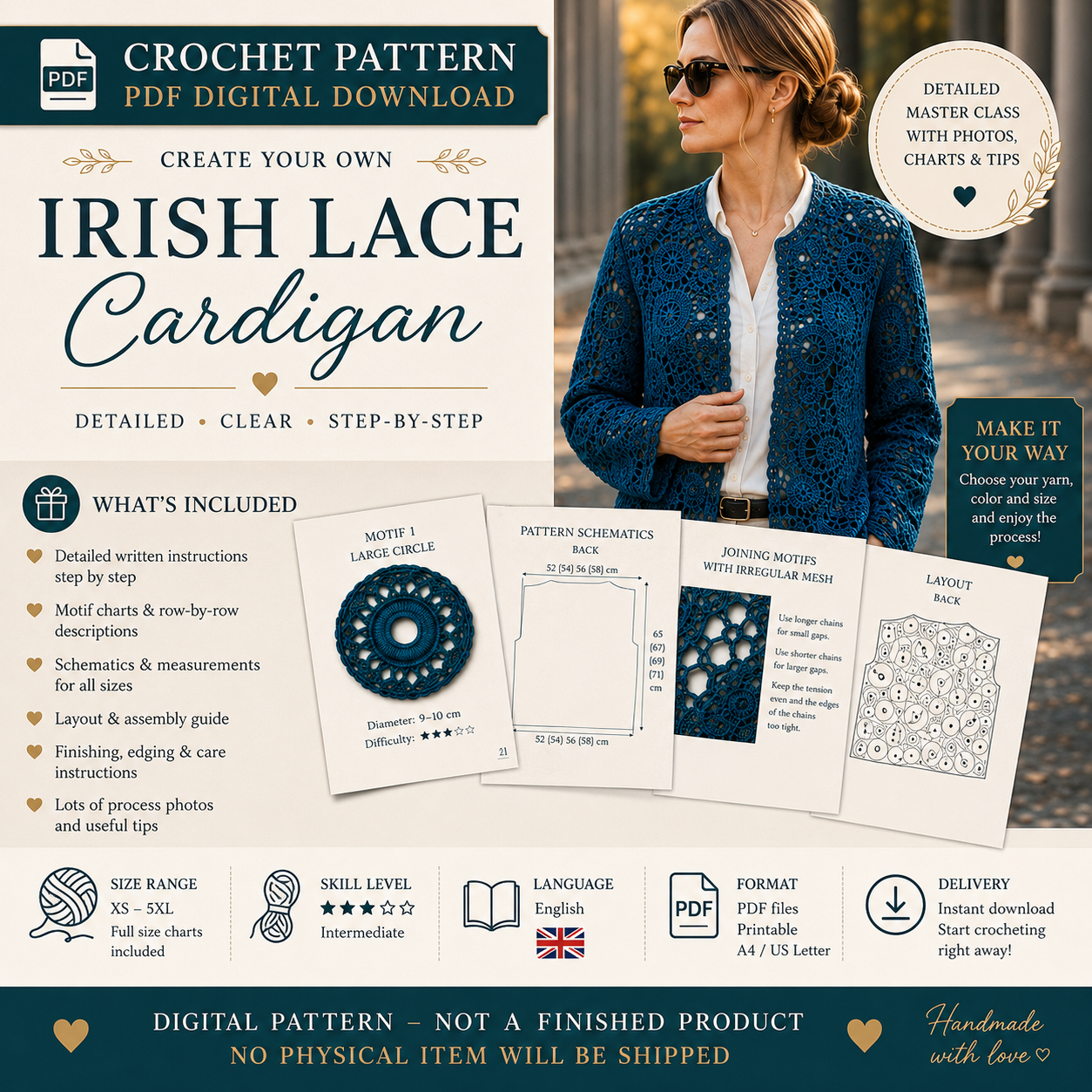 Irish Lace Cardigan Crochet Pattern PDF – Digital Download with Charts & Instructions