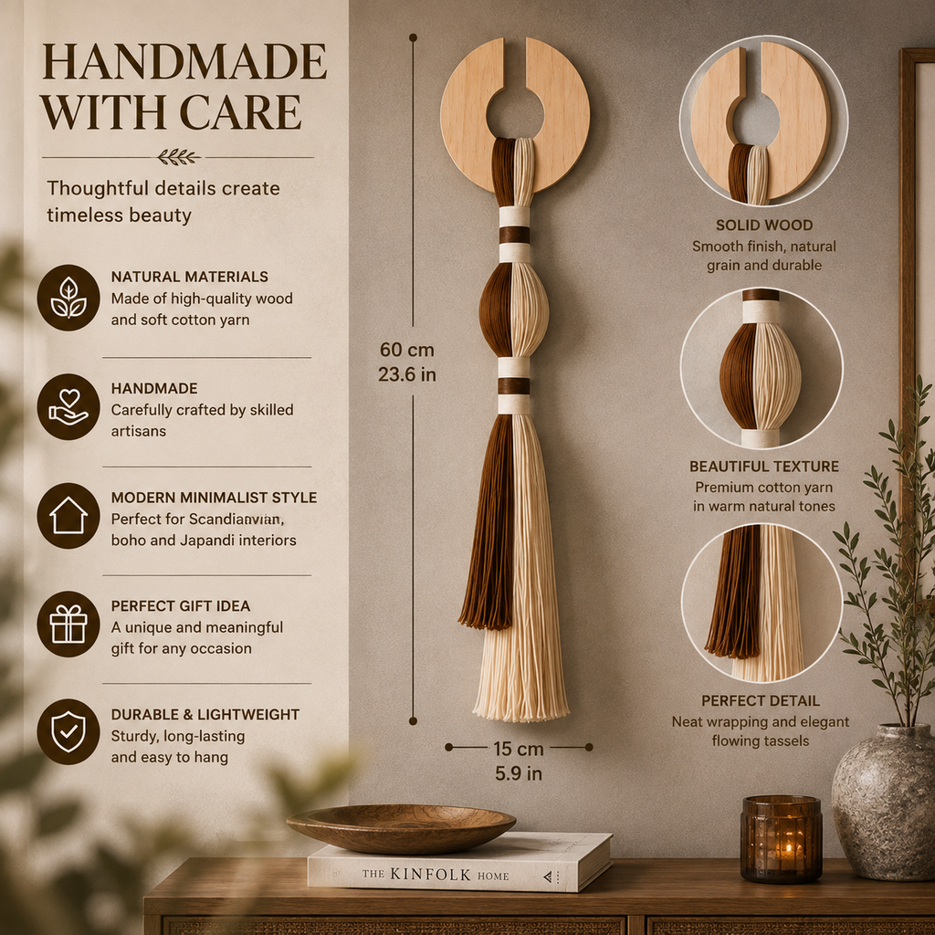 Handmade Wood & Cotton Wall Hanging – Boho Japandi Tassel Wall Decor