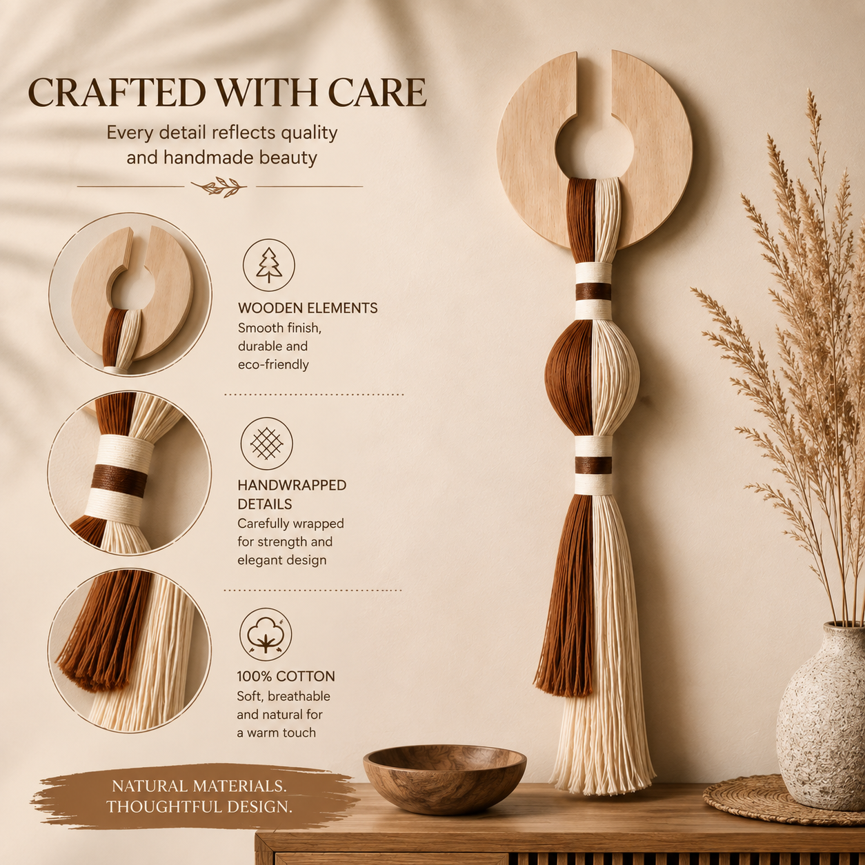 Handmade Wood & Cotton Wall Hanging – Boho Japandi Tassel Wall Decor