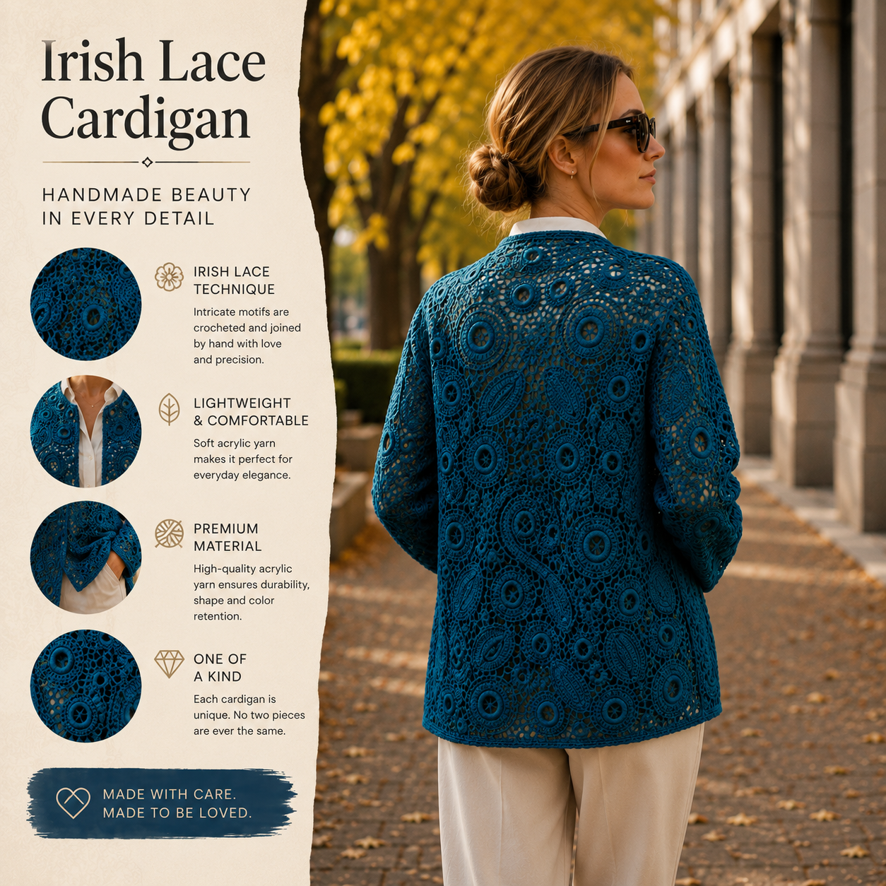 Handmade Irish Lace Cardigan – One of a Kind – Deep Blue