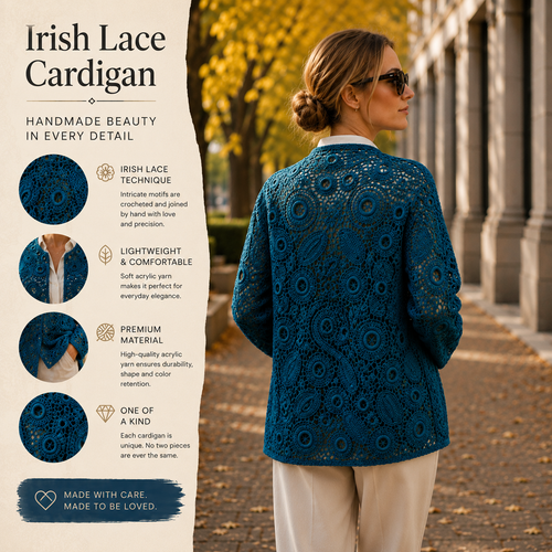 Handmade Irish Lace Cardigan – One of a Kind – Deep Blue