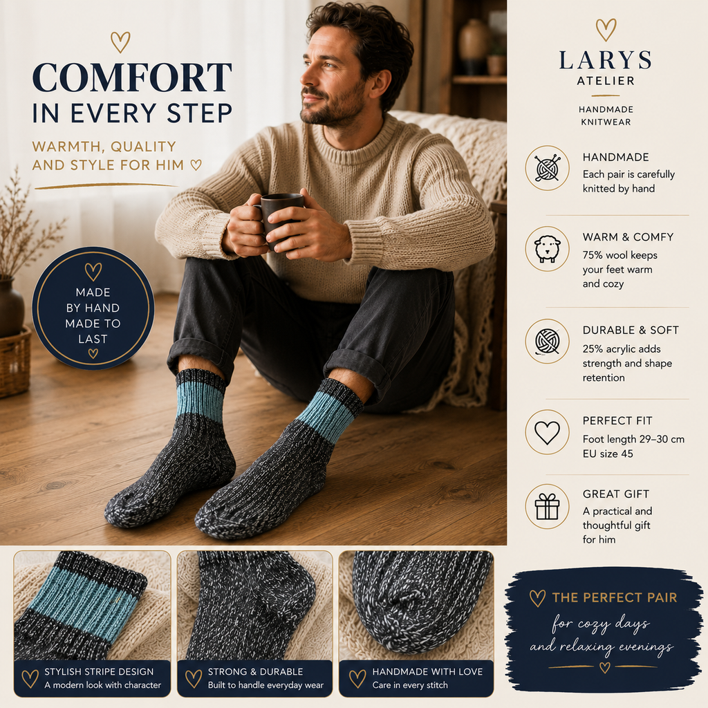 Handmade Men’s Wool Socks – Warm Hand Knitted Socks, EU Size 45