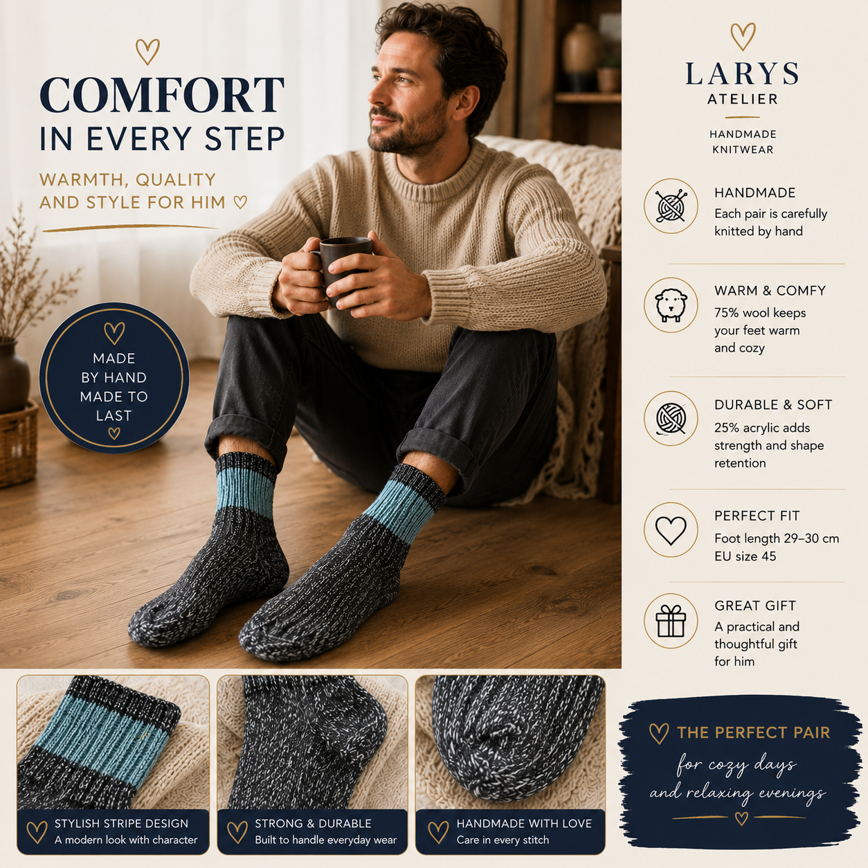 Handmade Men’s Wool Socks – Warm Hand Knitted Socks, EU Size 45
