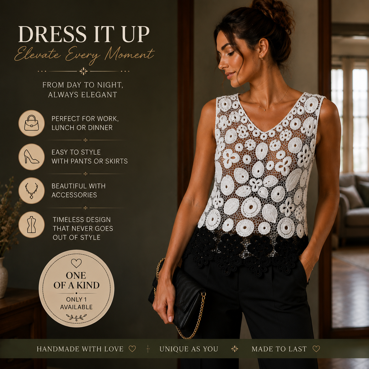 One of a Kind Irish Lace Crochet Top – Handmade Black & White Lace Blouse