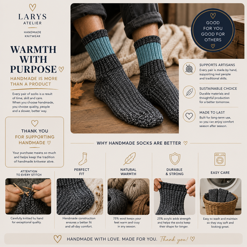 Handmade Men’s Wool Socks – Warm Hand Knitted Socks, EU Size 45