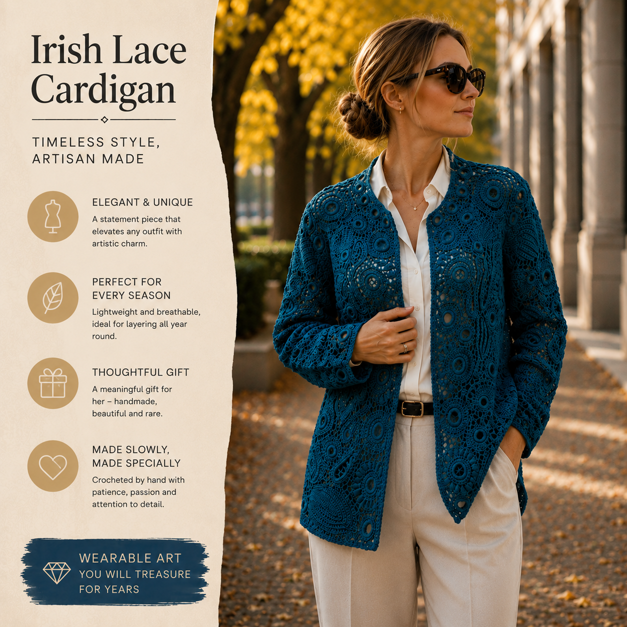 Handmade Irish Lace Cardigan – One of a Kind – Deep Blue