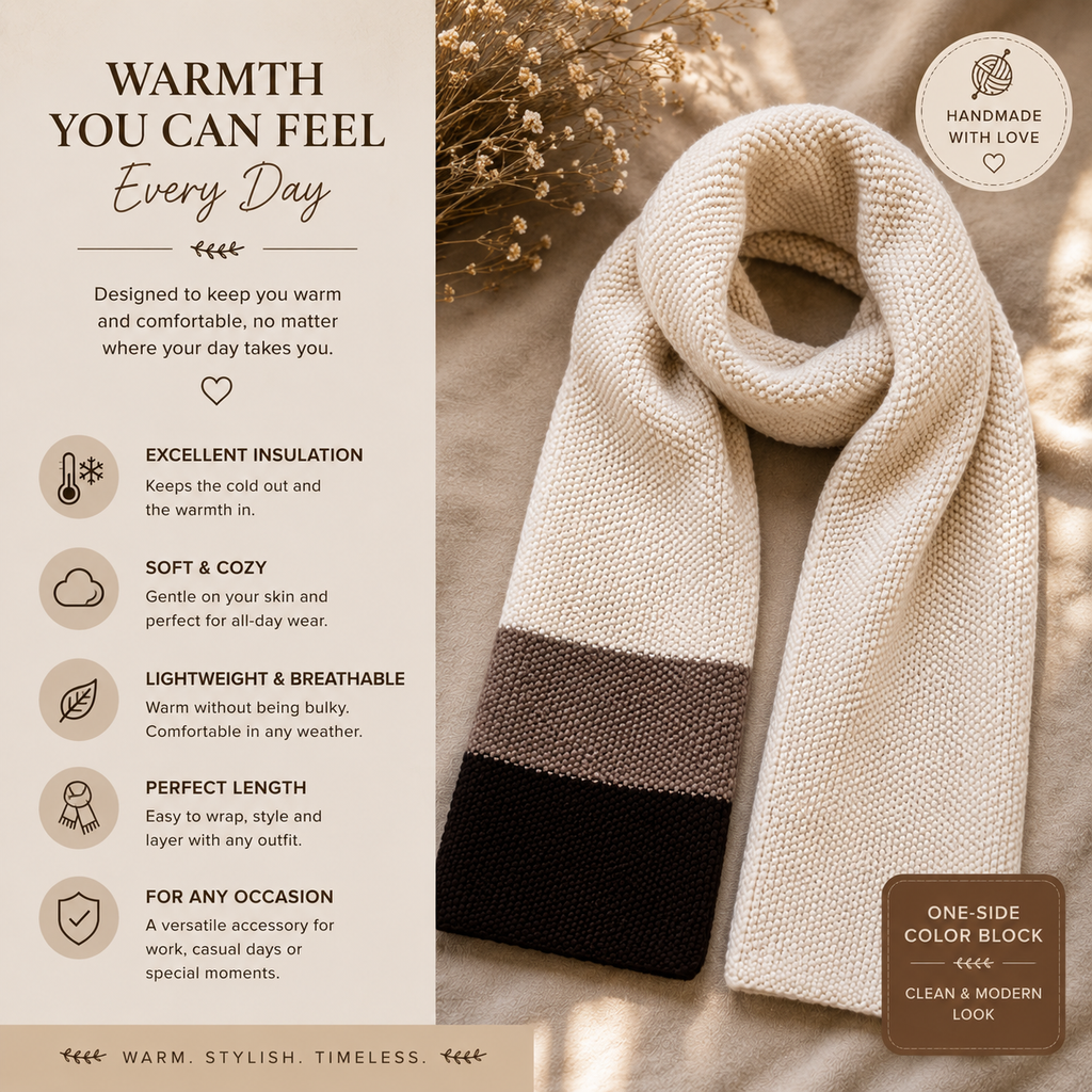 Hand-Knitted Wool Blend Scarf – Warm Neutral Colorblock Scarf