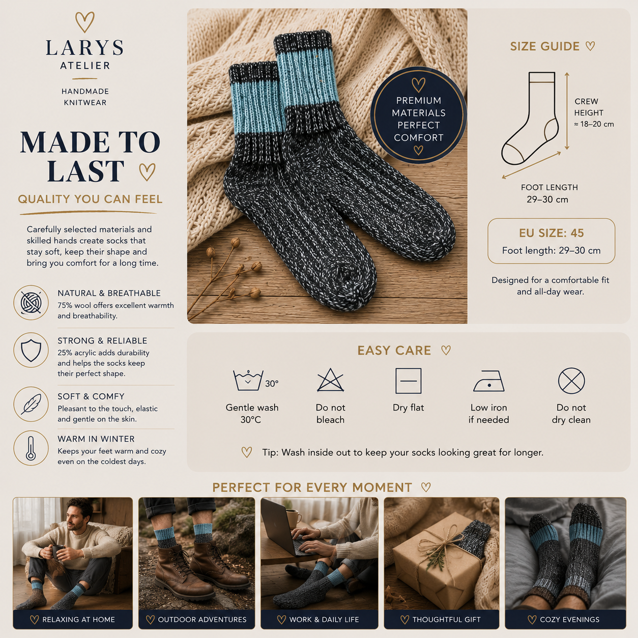 Handmade Men’s Wool Socks – Warm Hand Knitted Socks, EU Size 45