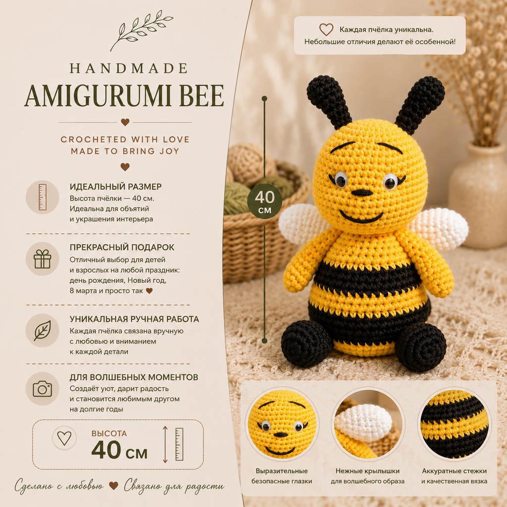Handmade Crochet Bee Amigurumi – 40 cm Large Plush Bee Toy