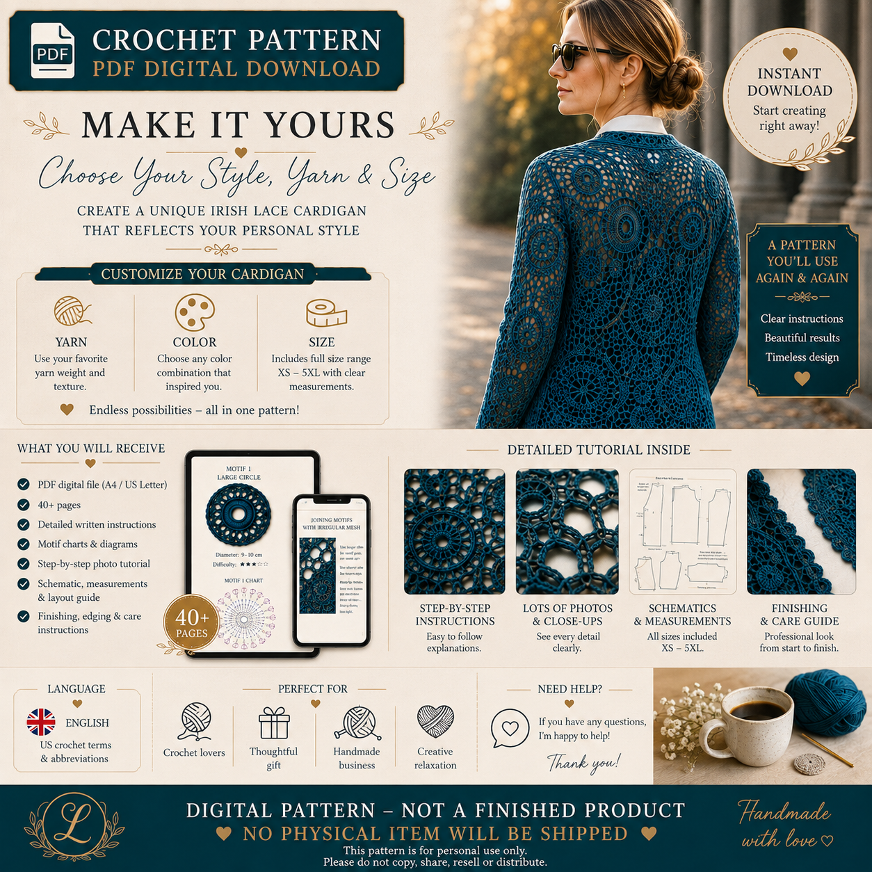 Irish Lace Cardigan Crochet Pattern PDF – Digital Download with Charts & Instructions