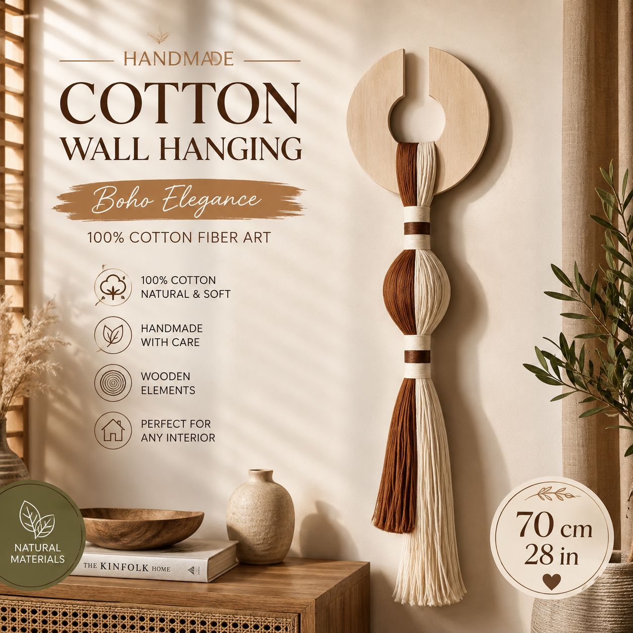 Handmade Wood & Cotton Wall Hanging – Boho Japandi Tassel Wall Decor