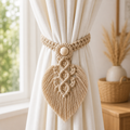 Handmade Macrame Curtain Tiebacks – Set of 2 | Cotton Boho Curtain Holders with Wooden Beads & Leaf Tassels