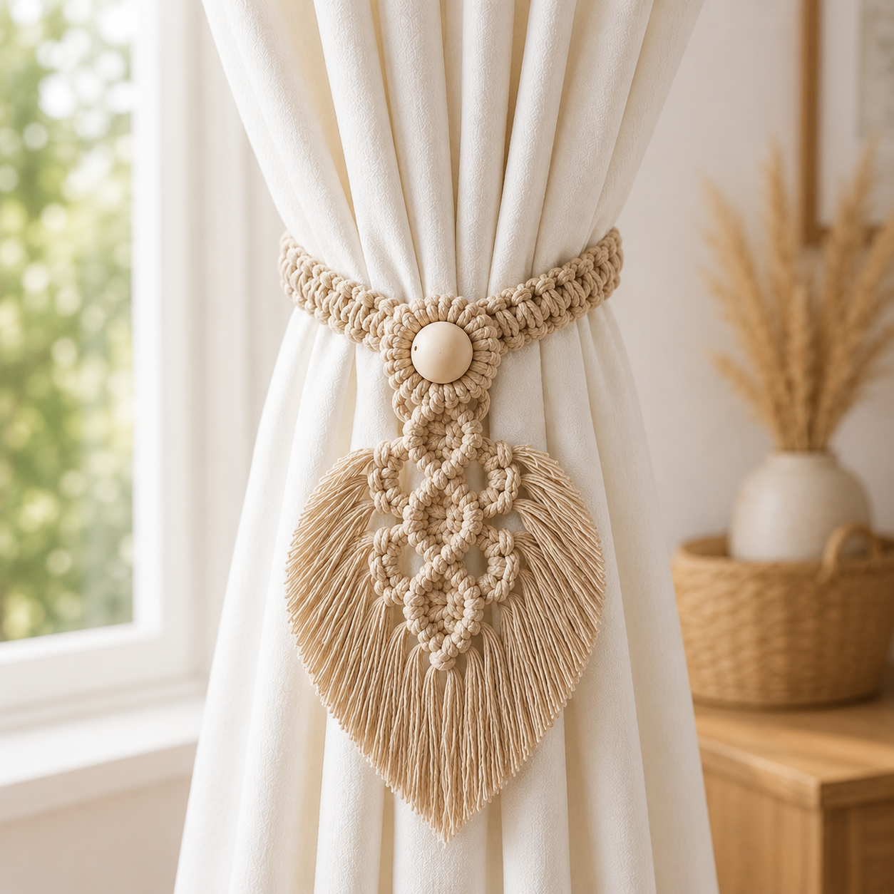 Handmade Macrame Curtain Tiebacks – Set of 2 | Cotton Boho Curtain Holders with Wooden Beads & Leaf Tassels