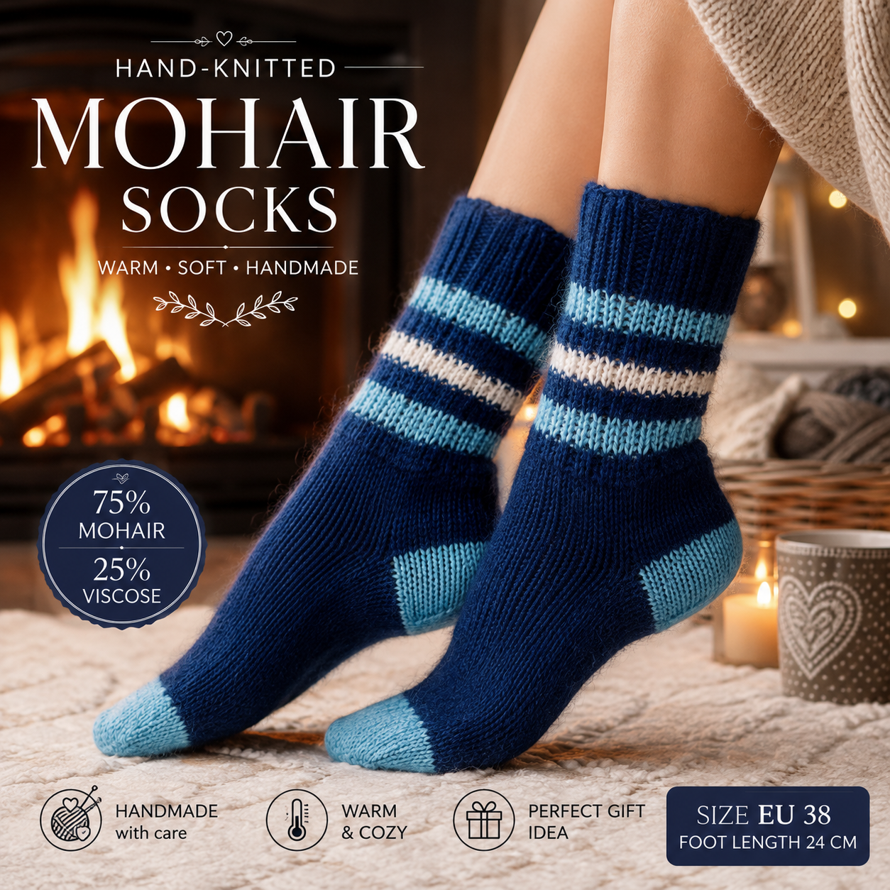 Hand-Knitted Mohair Socks – Warm Blue Handmade Socks, Size EU 38