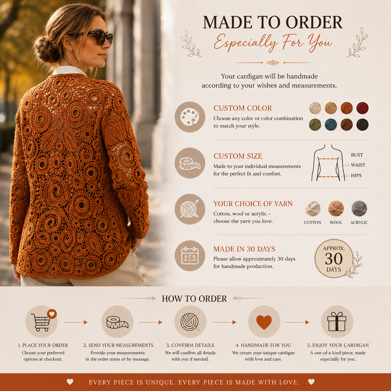 Handmade Irish Lace Crochet Cardigan – Custom Size & Color, Made to Order Women’s Lace Jacket