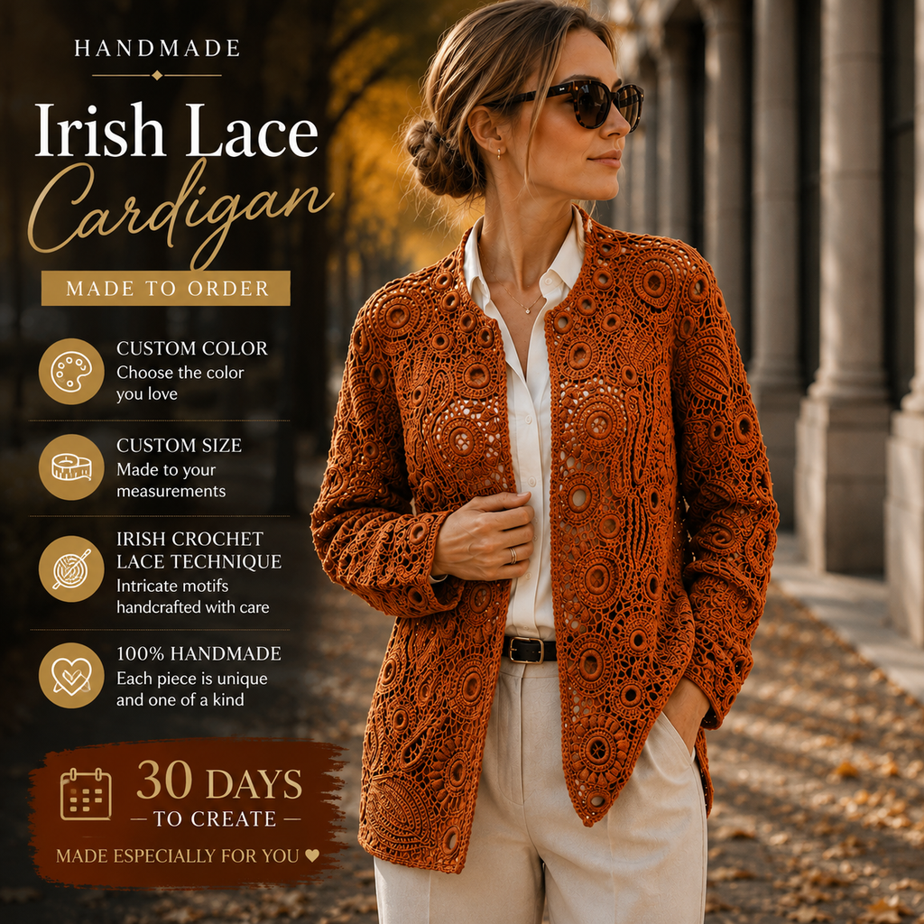 Handmade Irish Lace Crochet Cardigan – Custom Size & Color, Made to Order Women’s Lace Jacket
