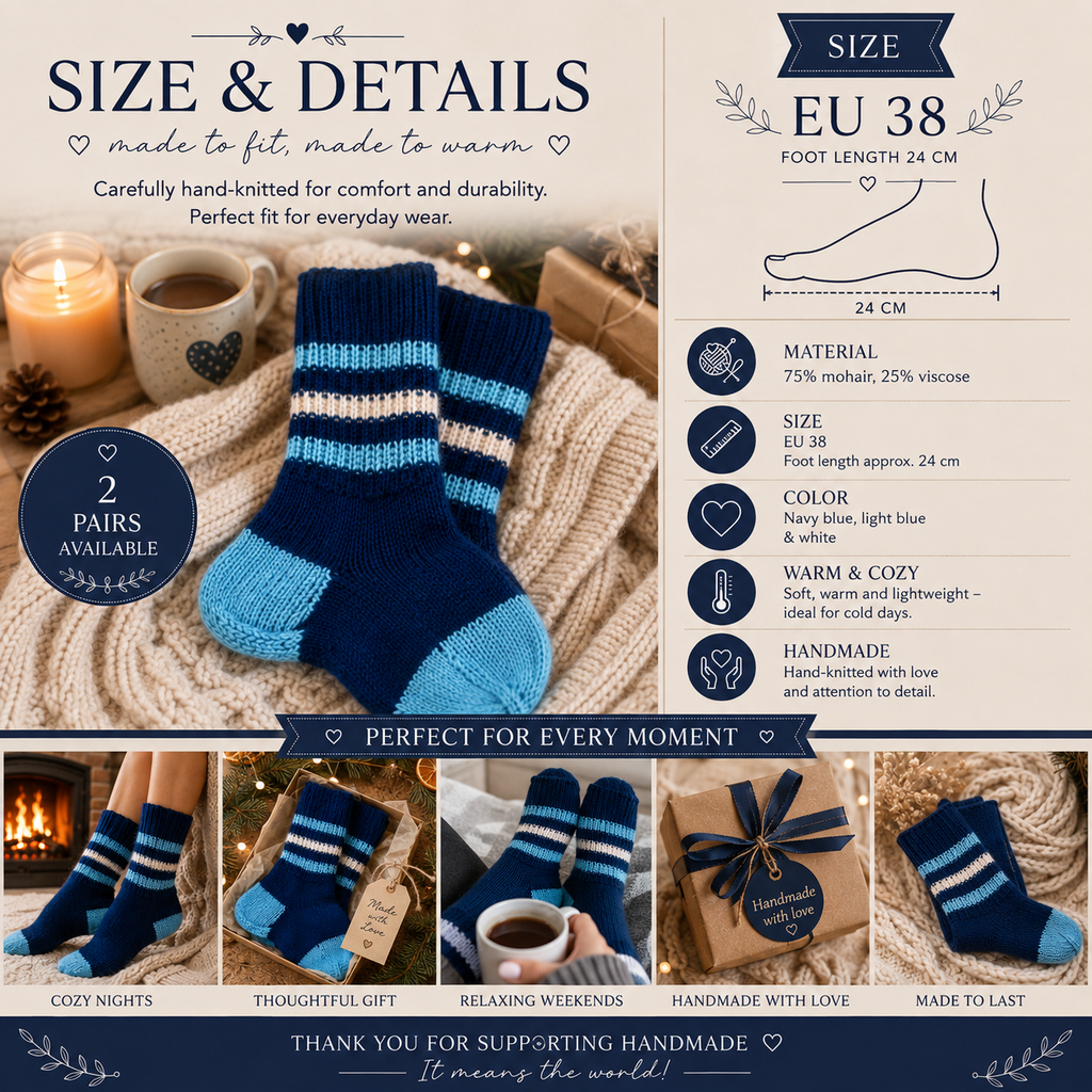 Hand-Knitted Mohair Socks – Warm Blue Handmade Socks, Size EU 38