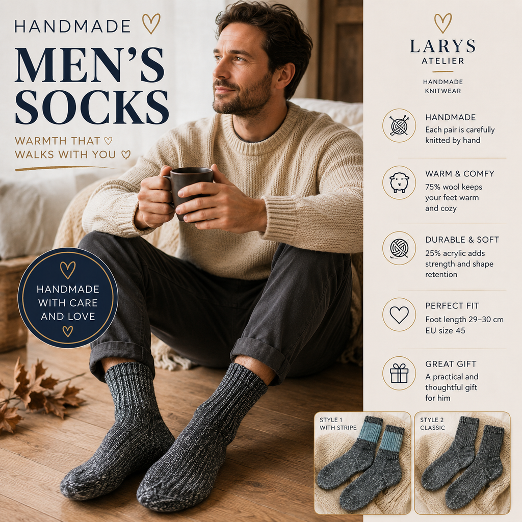 Handmade Men’s Wool Socks – Warm Hand Knitted Socks, EU Size 45