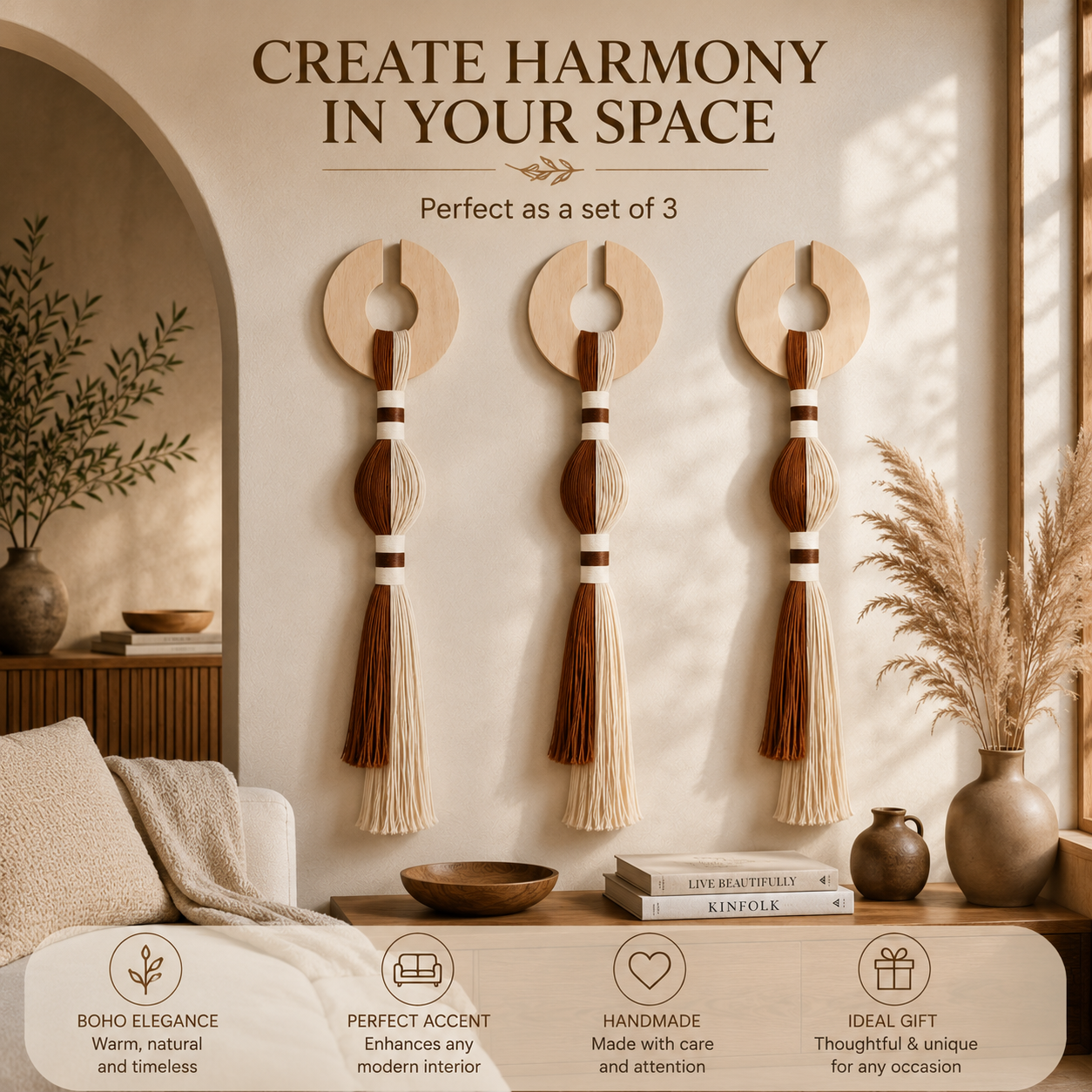 Handmade Wood & Cotton Wall Hanging – Boho Japandi Tassel Wall Decor