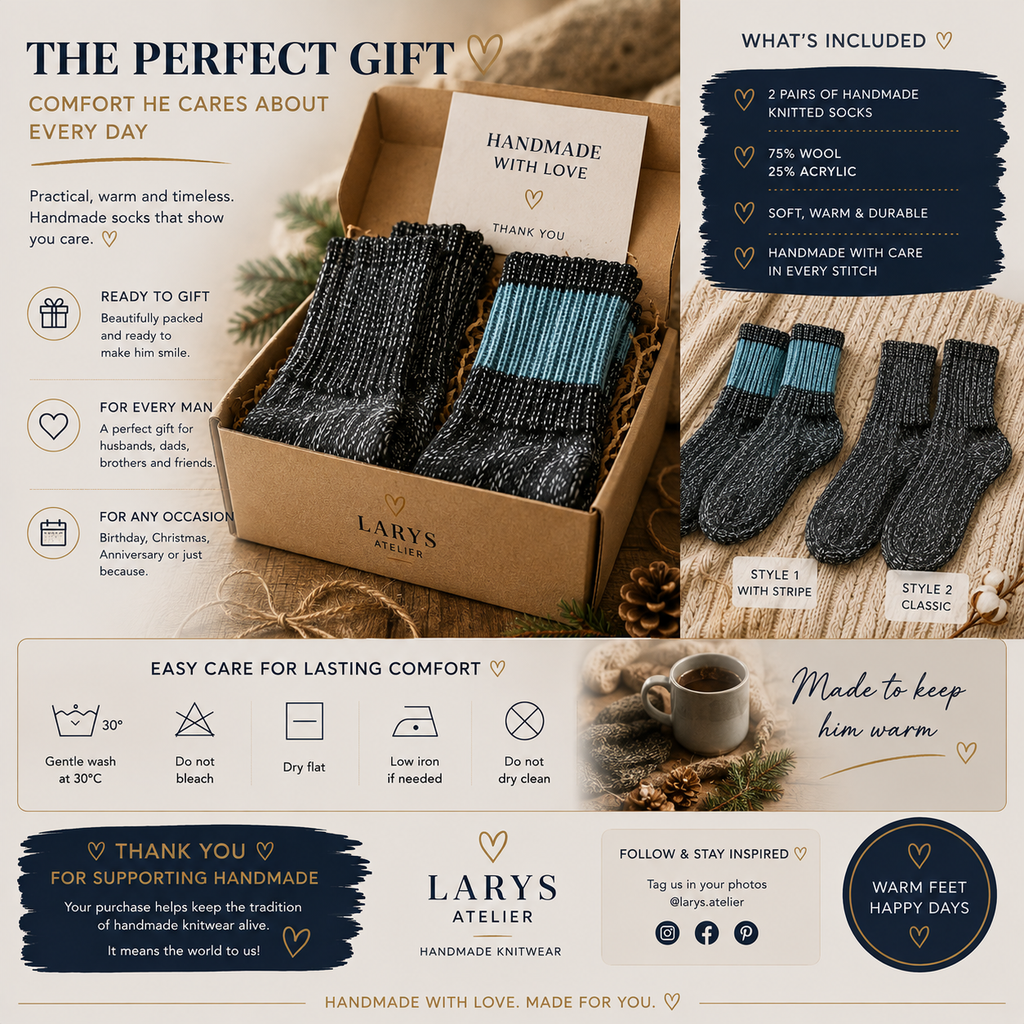 Handmade Men’s Wool Socks – Warm Hand Knitted Socks, EU Size 45